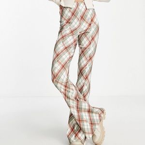 Topshop Tall high rise side slit flared bengaline pants in check print